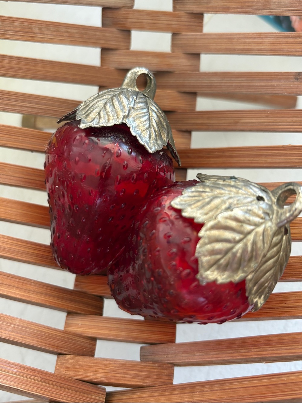 Vintage Glass Red Strawberry Salt & Pepper Shakers with Brass Leaf Caps - Picture 2 of 8